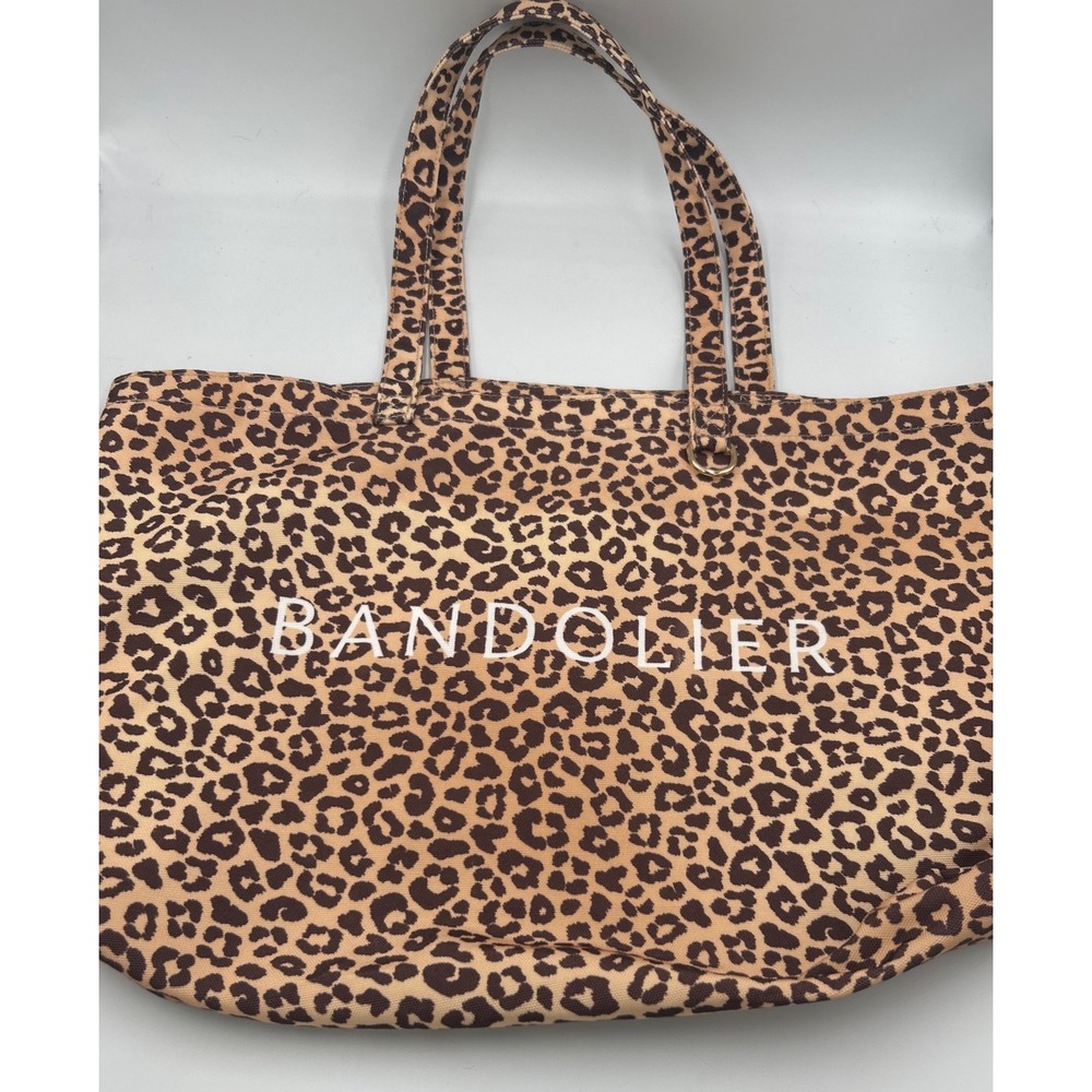 Bandolier Leopard Print Canvas Tote Bag Cheetah Logo Tan Brown Large Carryall